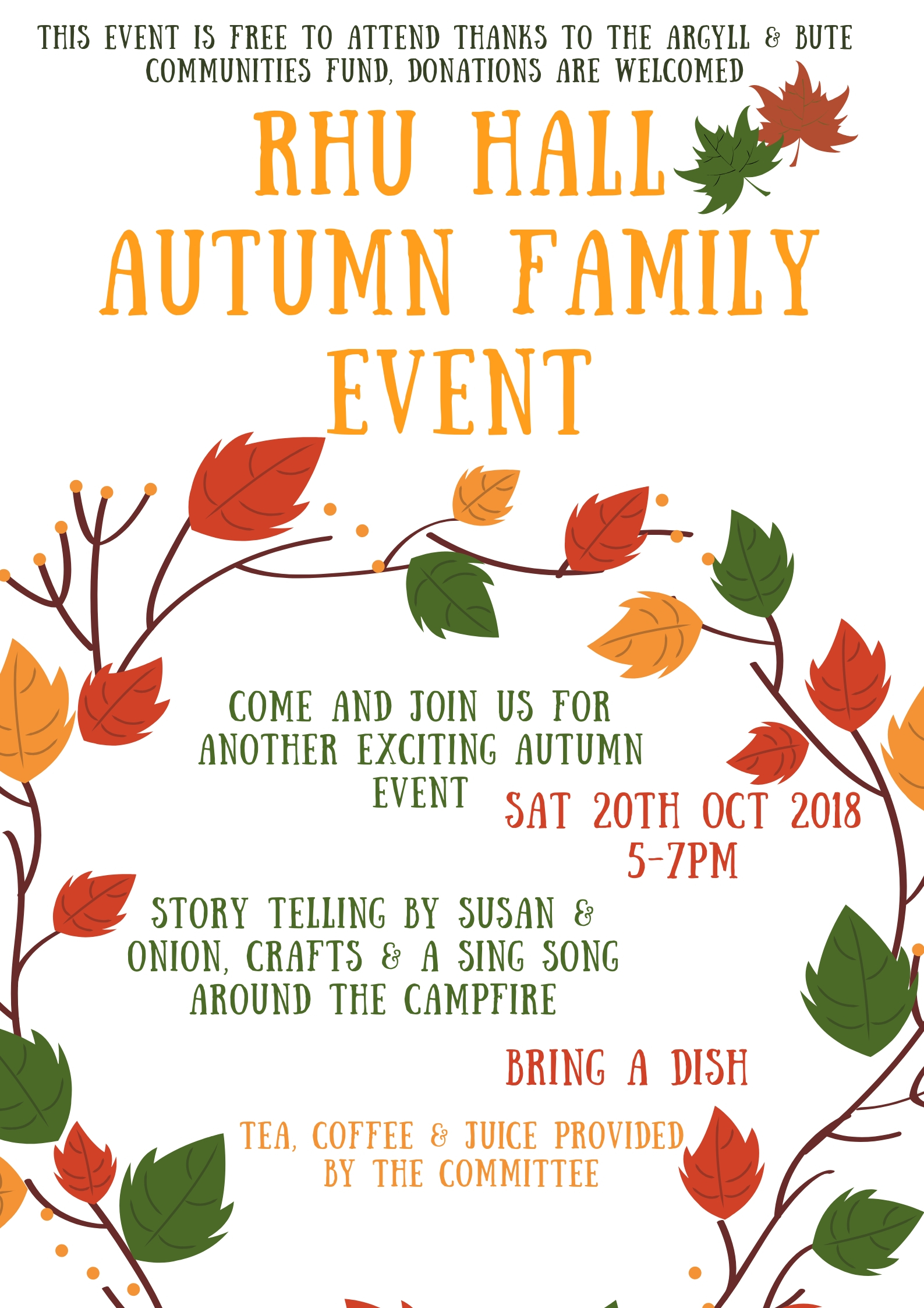 Free autumn family event on Sat October 20th 5-7pm 
Story telling by susan and onon, crafts and singsong